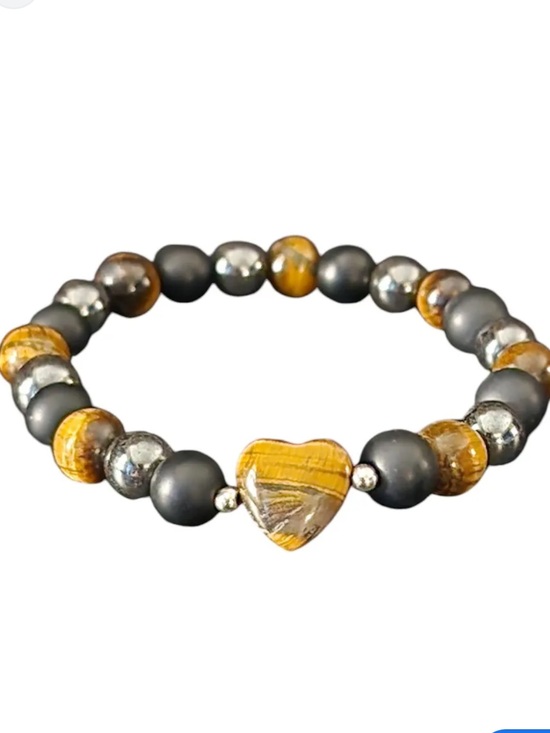 Heat Tiger Eye Healing bracelet Jewelry - #2425**Heart Accent Black and Brown Beaded Stretch Bracelet